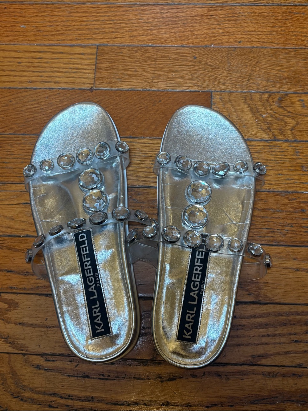 Karl Lagerfeld Girls Silver Jewel-Trim Slide Sandals